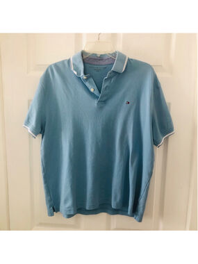 Size L Tommy Hilfiger Tipped Shirt Sleeve Polo Iconic Emblem Flag Preppy Cotton